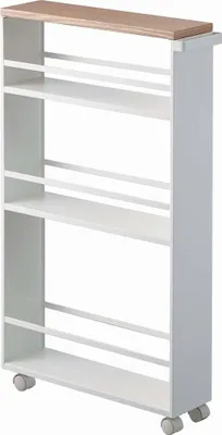 Produktbild von Yamazaki Home Wózek kuchenny Wózek wnękowy wąski na kółkach biały Wózek metalowy 3 poziomy i drewniana półka 13x80x47cm