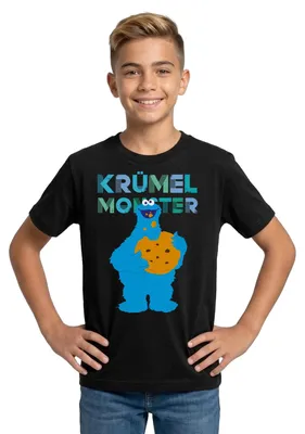 Produktbild von Spreadshirt Sesamstraße Krümelmonster Riesencookie Teenager T-Shirt, 134/146 (9-11 Jahre), Schwarz