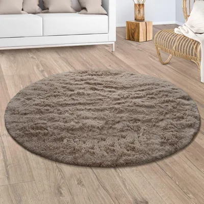 Produktbild von Hochflor Teppich Shaggy waschbar Unifarben Schlafzimmer schmutzabweisend Taupe Rund 120D | 100% Polyester | Florhöhe: 33 mm | pflegeleicht