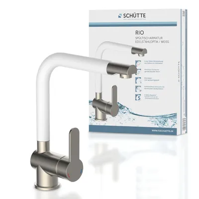 Immagine prodotto di Rubinetto da cucina SCHÜTTE RIO, rubinetto da cucina con funzione di risparmio energetico, miscelatore da cucina girevole a 360°, look acciaio inox/bianco opaco