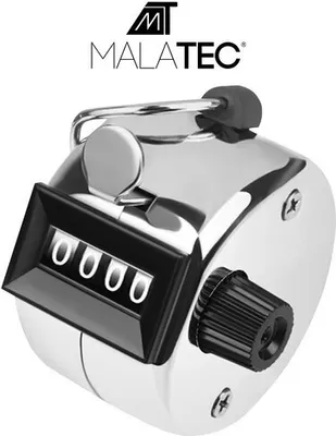 A close-up studio shot of a silver handheld clicker counter with a black display and a black reset knob.