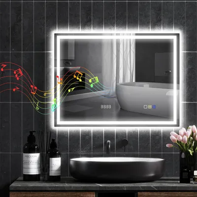 Image de Miroir de salle de bain à LED avec Bluetooth et horloge, anti-buée, 3 températures de couleur, capteur tactile, sans cadre, couleur argent | 80 x 60 cm | 288 LED | IP44