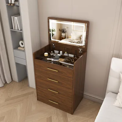 Produktbild von STILVORA Schminktisch mit 3-in-1 Design und klappbarem Spiegel, Frisiertisch mit Glasplatte und 3 Schubladen, Kosmetiktisch kompakt mit integriertem Stauraum und Hocker, Nussbaum