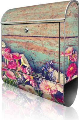 Produktbild von banjado Design Briefkasten Stahl silber mit Zeitungsfach pulverbeschichtet "Blumenpfücken" 38x46x12,5cm & 2 Schlüssel - Postkasten A4 Einwurf inkl. Montagematerial [BK 11210]
