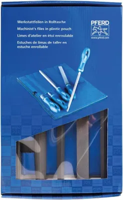 Zdjęcie produktu dla PFERD 11801532, Zestaw pilników, Płaski dokument, Okrągły dokument, Półokrągły dokument, Kwadratowy dokument, Aluminium, Stal, Mosiądz, Brąz, Żeliwo, Stal odlewana, Cynk, Miedź, 200 mm, Niemcy