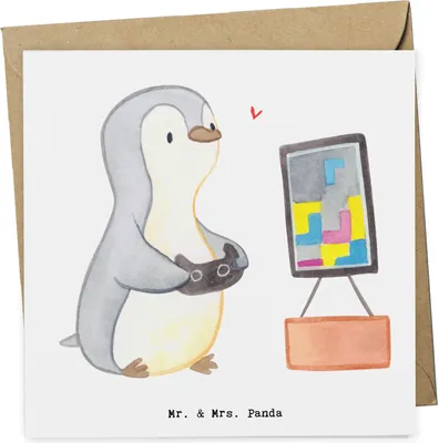 Produktbild von Mr. & Mrs. Panda Grußkarte Pinguin Zocken - Weiß - Geschenk, Gaming, Videospiele, Glückwunschkarte, faltkarte, Klappkarte, anlasskarte, doppelkarte, Videogames