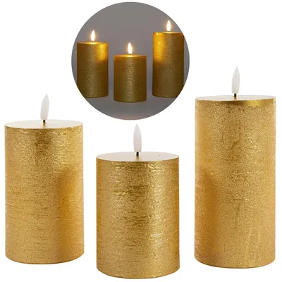 Produktbild von 3er Set Led Kerzen 7,5cm ø Kerze flackernde Flamme mit Fernbedingung GOLD 15 cm + 12,5 cm + 10 cm Höhe, LED Kerzen mit Timerfunktion, 3 AAA Batterien nötig, LED Echtwachs Stumpenkerzen warmweiß
