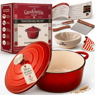 Produktbild von Brottopf 26cm – Gusseisen Topf zum Brotbacken als Dutch Oven – Emaille Brotbacktopf & Brotbackform – Bratentopf / Schmortopf mit Deckel für Induktion