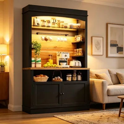 Produktbild von STILVORA Küchenschrank Schwarz als Hochschrank mit LED-Beleuchtung, Vitrine mit offenem Regal und Stauraum, Anrichte im modernen Design