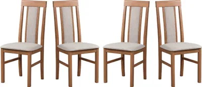 Four wooden dining chairs with beige upholstered seats and backrests are arranged side-by-side against a white background.