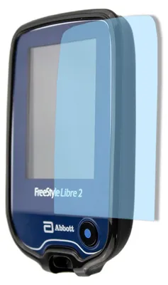 A close-up shot of a Freestyle Libre 2 reader with protective screen covers.