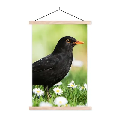 Produktbild von MuchoWow® Textilposter Vogel - Amsel - Blumen 40x60 cm mit holzfarbenen Rahmen - Poster