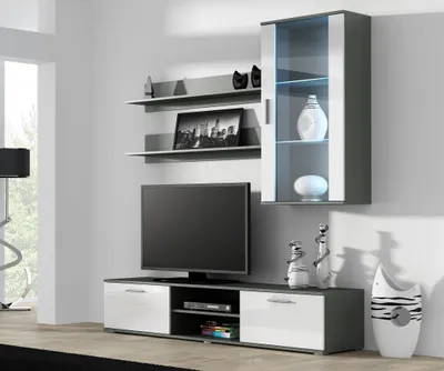 Produktbild von Furniture24 Wohnwand SOHO 5 mit Blauer LED Beleuchtung, Anbauwand, Wohnzimmerschrank, Schrankwand, Vitrine, Lowboard, HängeregalGrau/Weiß Hochglanz