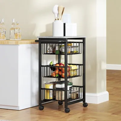 Immagine prodotto di okwish Carrello da cucina a 3 livelli con tre cestini estraibili e quattro ruote morbide, carrello da cucina con 3 cestini in acciaio, grigio chiaro