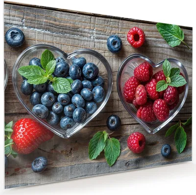 Produktbild von Glasbild 120x90cm in XXL für Wohnzimmer, Schlafzimmer Motiv Herzschalen Beeren
