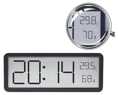 Produktbild von Digitale Wanduhr Schwarz, 20 cm mit Temperatur, Feuchtigkeit & Datum, Display, Wand/Tisch, Batterie/Netz