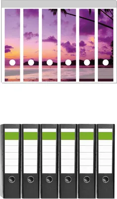 Produktbild von Wallario 6 Stück breite Ordner inkl. Klebeetiketten mit Motive Sonnenuntergang unter Palmen  Himmel in lila und orange -  Set mit Rückenschildern / Ordnerrücken Stickern