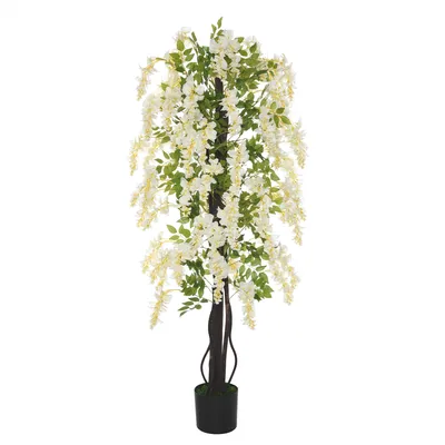 Produktbild von Outsunny Sztuczna roślina z białą dekoracją wisterii 1,65 m Sztuczna dekoracja drzewa Plastikowy cement biały + zielony 24 x 24 x 165 cm
