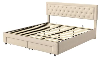 Image de Lit rembourré - Lit double 160 × 200 cm - Rangement hydraulique - 2 tiroirs - Tête de lit - Sommier à lattes - Beige