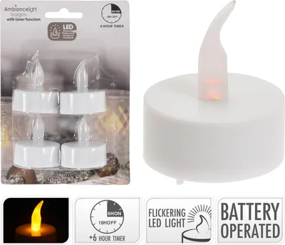 A package of four LED tealights with a single tealight shown separately, along with feature icons.
