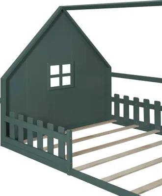 Produktbild von okwish Kinderbett Plattformbett 140×200 cm mit Lattenrost, Jugendbett Hausbett Holzbett mit Rausfallschutz für Jungen und Mädchen, Grün(Ohne Matratze)