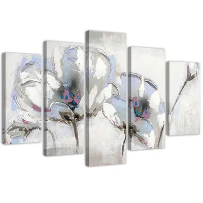 Produktbild von 5-teiliges leinwandbild gemalte blumen 100x70 cm Feeby grau wandbild bereit zum aufhängen