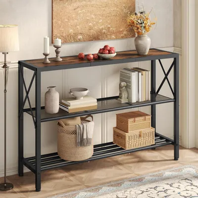Image de Table console à 3 niveaux, 107 cm, couleur marron foncé, table d'entrée industrielle avec étagères