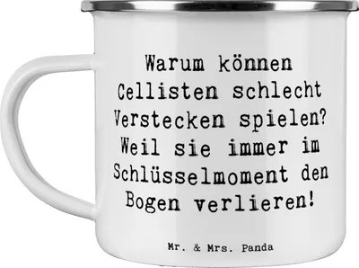 Produktbild von Mr. & Mrs. Panda Tasse Emaille Spruch Cello Schlüsselmoment - Weiß - Geschenk, Klassische Musik, Haferl, Reisebecher, Pott, Instrument, Musikinstrument, Musiker, Lernen