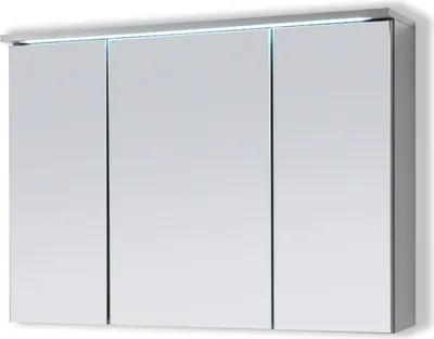A modern bathroom cabinet with mirrored doors and integrated LED lighting.