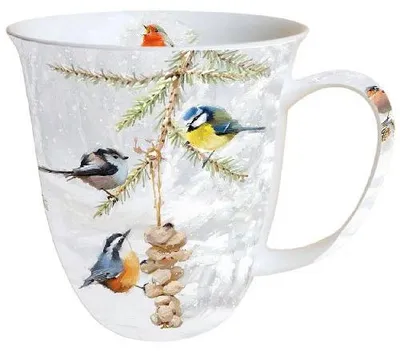 Tasse aus Fine Bone China, 0,4 l, Winter-Vogel-Motiv, 10,5 cm
