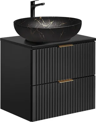 Produktbild von Badezimmer Waschtisch mit 60 cm Breite in schwarz, 2 Schubladen & goldmarmoriertes Waschbecken - ADELAIDE-56-BLACK