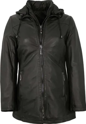 Produktbild von Existenz - Damen Ledermantel 2in1 Jacke Weste Kapuze Lammnappa schwarz : 42