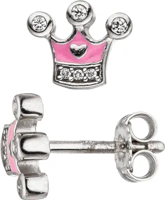 Produktbild von JOBO Kinder Ohrstecker Krone 925 Silber mit Zirkonia Ohrringe rosa Kinderohrringe