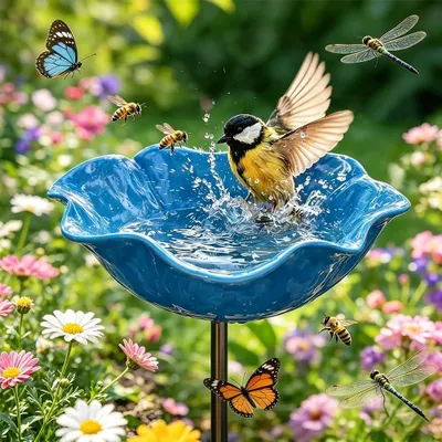 Produktbild von 1 Stuick,Vogeltränke Blume aus Metall,Handgefertigter Gartenstecker,Winterfeste Vogeltränke & Insektentränke,Bienentränke für Garten und Terrasse,Blau