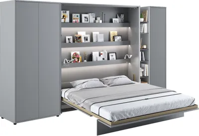 Produktbild von Wohnwand mit Schrankbett Bed Concept 180x200 Lenart Kleiderschrank Regalschrank Regal Led Beleuchtung Grau/Graphit
