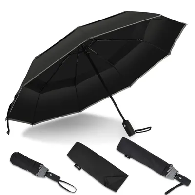 Produktbild von Regenschirm sturmfest bis 140 km/h - inkl. Schirm-Tasche & Reise-Etui - Taschenschirm mit Auf-Zu-Automatik, klein, leicht & kompakt, Schwarz - Grau