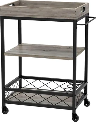 Produktbild von Küchen Servierwagen 3 Ebenen – Holz & Metall – Industrie Vintage Stil – Rollwagen für Küche, Esszimmer & Bar – Grau