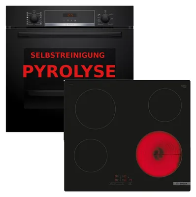 Produktbild von Bosch Pyrolyse Herdset Autark Backofen Selbstreinigung + Glaskeramik Kochfeld 60cm