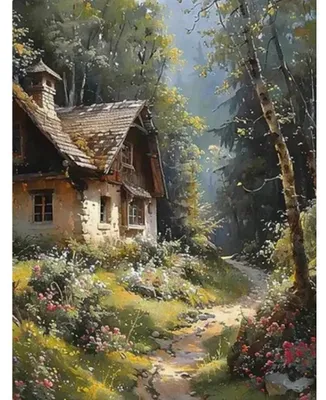Obrázek produktu pro Diamantová mozaika, dřevěný domek v lese, 30x40 cm, kreativní sada s diamanty