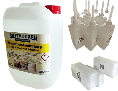 Produktbild von Horizontal Sperre SILITROCKEN 25 L+25 Injektionsflaschen - komplett Set - Stoppt Feuchtigkeit in Mauerwerk