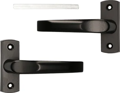 Two black door handles with mounting plates and a metal rod are displayed against a white background.