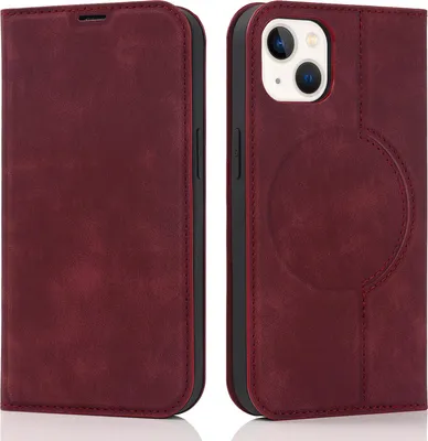 A burgundy iPhone case is shown from the front and back.