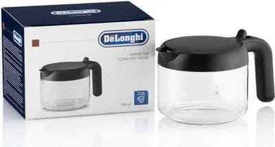 A product box and a glass coffee pot are shown against a white background.