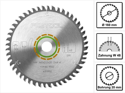 A circular saw blade with technical specifications and diagrams shown on a white background.