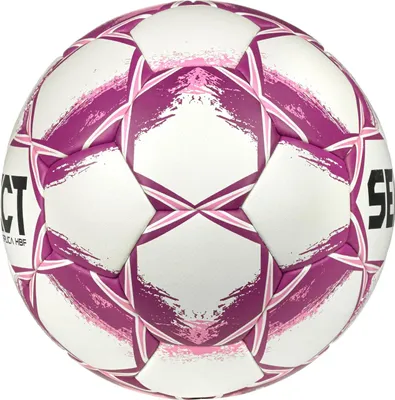 A white and pink soccer ball with purple accents.