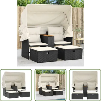 Produktbild von The Living Store Gartensofa 2-Sitzer mit Dach und Hockern Schwarz Poly Rattan