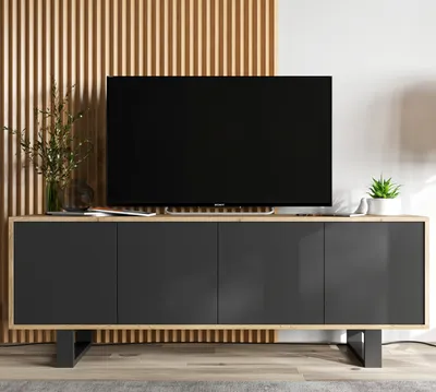 Produktbild von Loft TV-Schrank TV-Lowboard Apollo 2 Viertürig Zwei Metallfüße Modern Lindner Möbel 150cm x 53cm x 35cm  Farbe: Wotan Eiche matt - schwarz matt
