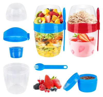 Produktbild von 2 Stück Müslibecher to Go Groß Joghurtbecher Kinder Salatbecher Porridge Becher mit Löffel Deckel 310ml+560ml Müsli Behälter Joghurt Müslibox Dressing Frühstücksbehälter 3 IN 1 Overnight Oats Gläser
