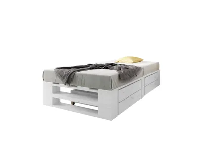 Produktbild von Lermowood Palettenbett M2 120 x 200 cm mit Lattenrost und 2 BettkästenWeiß Holzbett Massivholzbett Bett aus Paletten Seniorenbett Kinderbett Jugendbett