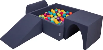 Produktbild von KiddyMoon spielplatz aus schaumstoff mit quadrat bällebad (200 bälle) ballgruben für babys spielbad hindernisläufen, hergestellt in der eu, dunkelblau:helgrün/gelb/türkis/orange/dpink/violet
